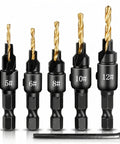 Five Piece Countersink Drill Bit Set For US Wood Screws Includes Size 5, 6, 8, 10, 12, shown with hex wrench