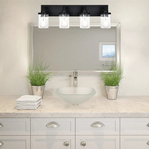 4 Light Vanity Light Fixtures For Bathroom Black Over Mirror Farmhouse Style Wall Lamps With Seeded Glass Shades
