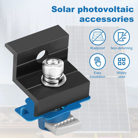 Heavy Duty Solar Panel End Clamps Twenty Four Pack With Rustproof Black Aluminum Alloy Housing and Boss Level Metric Eight Stainless Steel Bolts Plus Lock Nuts For Hella Secure Rooftop Mounting No Sweat Assembly Line Setup close-up view.