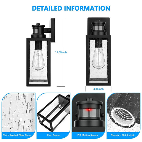 2-Pack Motion Sensor Outdoor Wall Lights Upgraded Dusk to Dawn Exterior Lantern Sconces with Seeded Glass Black Finish for Front Door Entryway Porch Garage Outside Lighting