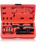 Motorcycle chain breaker set, DAYUANTOOLS, 13-piece in red case; front view shows rivet tool and bits.