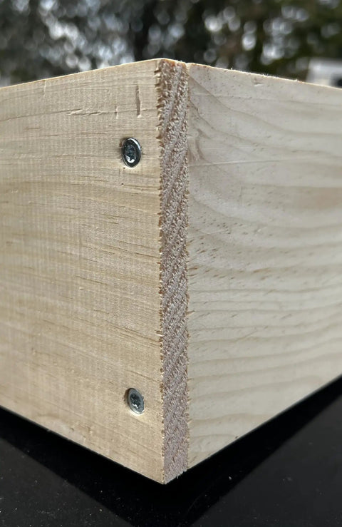 Corner view of screw construction on premium pine wood for Bee Hive Top Feeder With Floats, Fully Assembled Langstroth Beekeeping Gear