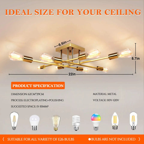 8 Light Modern Sputnik Ceiling Fixture In Gold For Dining Room And Kitchen Semi Flush Mount Industrial Style Dope Chandelier