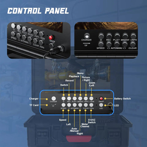 Control panel of the heavy duty 30 meter pipeline inspection camera with buttons for DVR functions and settings.