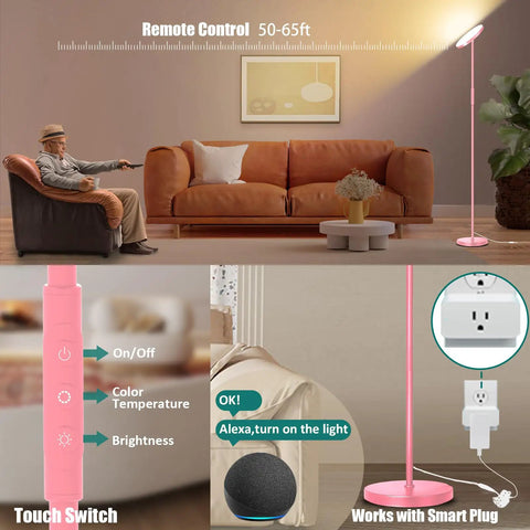 Dope Bright 40W LED Floor Lamp Torchiere with remote, touch control, and smart plug compatibility in a living room setting.