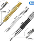 Solid Precision With This Hella Tough Tungsten Carbide Scriber And Automatic Spring Loaded Center Punch Set Featuring Built In Magnet Clips For Etching Glass Ceramics Metal - showing size details and three marking tools.