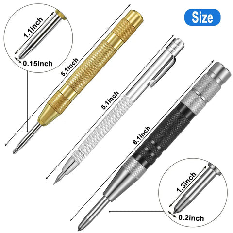 Solid Precision With This Hella Tough Tungsten Carbide Scriber And Automatic Spring Loaded Center Punch Set Featuring Built In Magnet Clips For Etching Glass Ceramics Metal - showing size details and three marking tools.