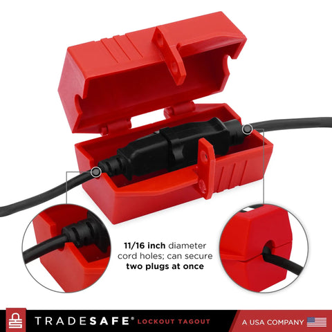 Industrial Grade Heavy Duty Plug Lockout Device for Lockout Tagout, 110 To 125 Volt Power Cord Lockout open showing cord holes