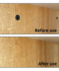 Comparison of wooden surface before and after using 648 Pieces Screw Hole Covers Kit With 21mm Wood Textured Stickers PVC Self Adhesive Caps