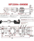 Ball Screw SFU2504 500mm Linear Drive for CNC Machines With Ultra Low Backlash and Smooth Rolling Friction, Robust Bearing Steel Construction for Precise, Stable Linear Motion in Automated Machining diagram
