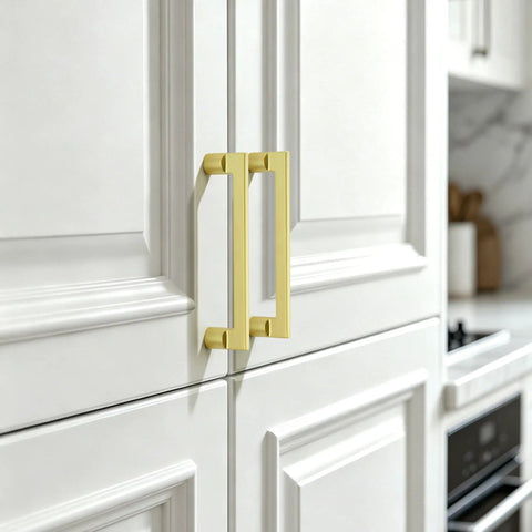 10 Pack 5 Inch Brushed Gold Cabinet Pulls for Kitchen Cabinets Dresser Drawers Modern Zinc Alloy Handles 128mm Easy Install Durable Hardware Premium Cabinet Pulls installed on white cabinet