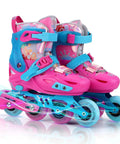 Pink five size adjustable inline skates for kids that grow with them easy to wear for beginners indoor and outdoor use