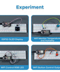 Starter Kit For ESP32 Development Board With WiFi IoT Learn To Code Fast No Fuss Setup Grab And Go Arduino IDE Compatible Tutorial Included To Walk You Through LED DHT11 OLED Modules And More showing experiments