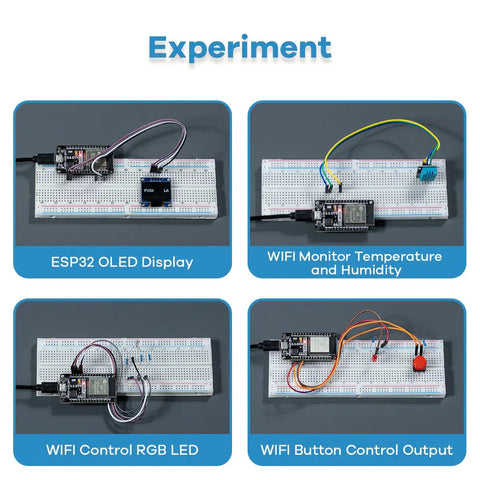 Starter Kit For ESP32 Development Board With WiFi IoT Learn To Code Fast No Fuss Setup Grab And Go Arduino IDE Compatible Tutorial Included To Walk You Through LED DHT11 OLED Modules And More showing experiments