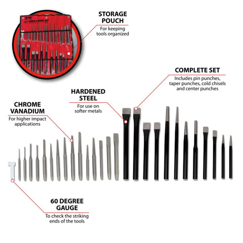 28 Piece Punch And Chisel Set With Roll Up Pouch In Chrome Vanadium And High Carbon Steel tools displayed with labels
