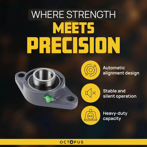 Heavy-Duty Flange Pillow Block Bearing 2-Bolt Flange Mounted Ball Bearing Unit With Cast Iron Housing Self-Aligning Pre-Lubricated Insert, 1-3 16 Inch Bore, showcasing automatic alignment and heavy-duty capacity.