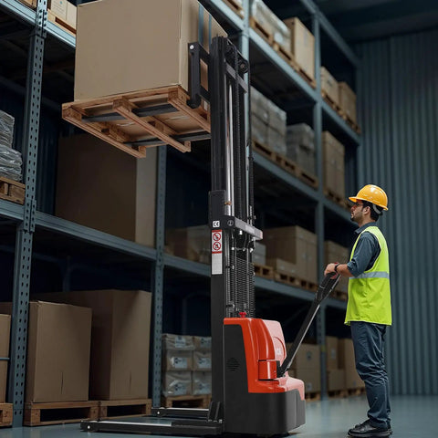 VEVOR Full Electric Pallet Stacker Forklift Hauling 3,300 Lbs With A Mighty 98.4 Inch Lift Height For Warehouses in action lifting a pallet.