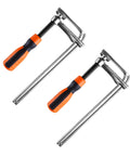 Front view of two heavy-duty Track F Clamps for 3/8 x 3/4 double cut T-Track, 6 inch opening, 2 3/8 inch throat for woodworking.