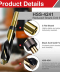 Five Eighth Inch Drill Bit In High Speed Steel 4241 With 10mm Shank Black Oxide Coated For Thin Steel Sheet Plastic Woodworking DIY And Automotive Use Heavy Duty Metalworking Drill Bit For Handyman Projects close-up, showing black and gold finish and 3-flat shank.
