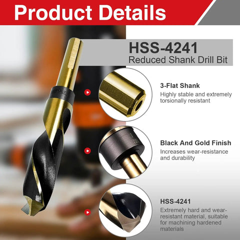Five Eighth Inch Drill Bit In High Speed Steel 4241 With 10mm Shank Black Oxide Coated For Thin Steel Sheet Plastic Woodworking DIY And Automotive Use Heavy Duty Metalworking Drill Bit For Handyman Projects close-up, showing black and gold finish and 3-flat shank.