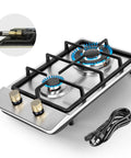 Portable Dual Fuel 2 Burner Gas Stove Cooktop 12 Inch Stainless Steel LPG NG Convertible with thermocouple safety detail view