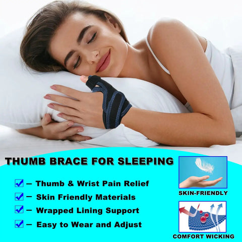 Woman sleeping with thumb brace spica splint for arthritis pain relief and tendonitis support, highlighting comfort and skin-friendly materials.