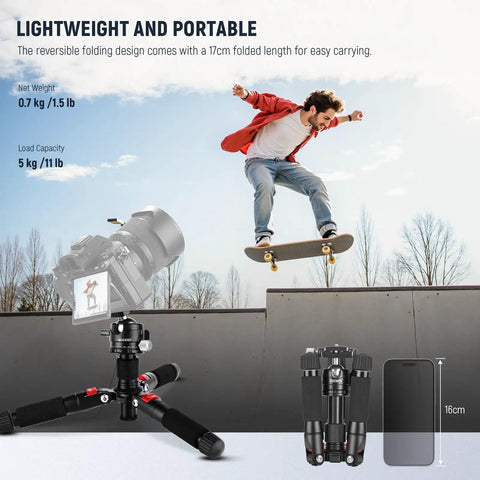 Compact Portable Travel Mini Tabletop Tripod With 360 Degree Ball Head Aluminum Desk Tripod for DSLR Cameras, skateboarder in background.