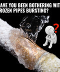 Frozen pipe with burst water alongside questioning stick figure icon.