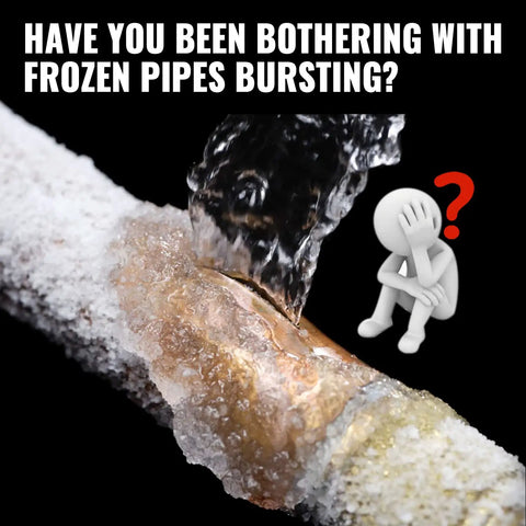 Frozen pipe with burst water alongside questioning stick figure icon.
