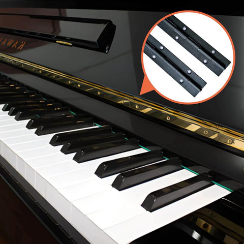Two Pack 12 Inch Piano Hinges In Stainless Steel Black Heavy Duty For Doors Cabinets Woodworking And Marine Applications Durable Quiet Operation Includes 24 Screws shown with piano keys.