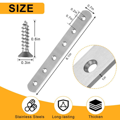 Dimensions of Stainless Steel Flat Brackets 6 Inch Set Of 4 With 24 Countersunk Screws for furniture repair, with close-up view.