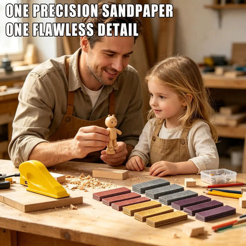 Cool 240 Pack Sand Paper Kit With 12 Grits From 80 To 2000 And Mini Finger Sander in workshop with father and daughter sanding wood.