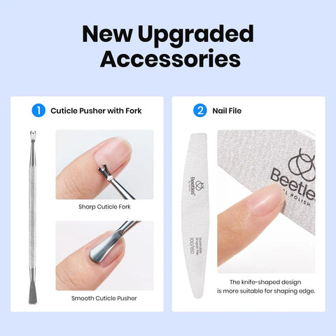Nail Prep Kit With Dehydrator And Primer 20ml Each Plus Cuticle Trimmer And Pusher Buffer Dust Brush Clipper File And 20 Alcohol Wipes Large Capacity Acid Free And Hema Free For Pro Salon Or Home Manicures showing cuticle pusher and nail file.