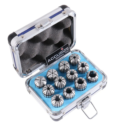 12 Piece ER 20 Collet Set With Sizes From 1/16 Inch To 1/2 Inch In A Tough Aluminum Box, open showing 12 collets lined in foam