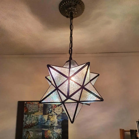 Moravian Star Tiffany Style Stained Glass Ceiling Pendant Lamp with 12 Inch Lampshade and 51 Inch Tall Iridescent Glass