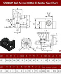 Beefy SFU1605 Ball Screw Kit 300mm NEMA 23 motor size chart with dimensions and components