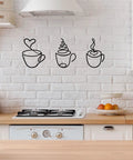 Three Piece Coffee Cup Wire Wall Art Set For Coffee Bar Decor Vintage Rustic Metal Signs in kitchen setting over stove