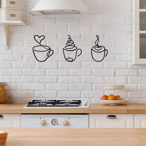 Three Piece Coffee Cup Wire Wall Art Set For Coffee Bar Decor Vintage Rustic Metal Signs in kitchen setting over stove