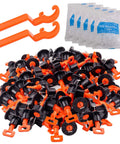 Tile Leveling System Kit With 100 Tile Levelers, 2 Wrenches And 500 2mm Spacers displayed with orange wrenches and packets of spacers.