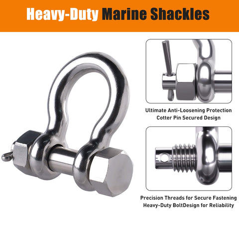 Three Eighths Inch Bow Shackle 2 Pack Saltwater Ready Marine Grade 316 Stainless Steel Beefy Anchor Shackle With Cotter Pin