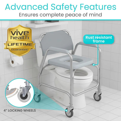 Real Deal Rolling Shower Chair With Slick Glide Casters Doubles As Raised Toilet Riser For Bathroom Mobility Heavy Duty Frame And Zero Stress Assembly