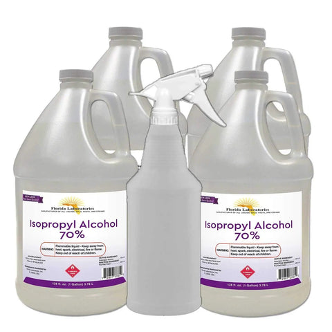 Isopropyl Alcohol 70 Percent Rubbing Alcohol Four Gallon Pack With Free Spray Bottle For External Use And Heavy Duty Cleaning Disinfecting And General Sterilizing All Purpose Household And Workshop Use, four 1-gallon jugs and sprayer