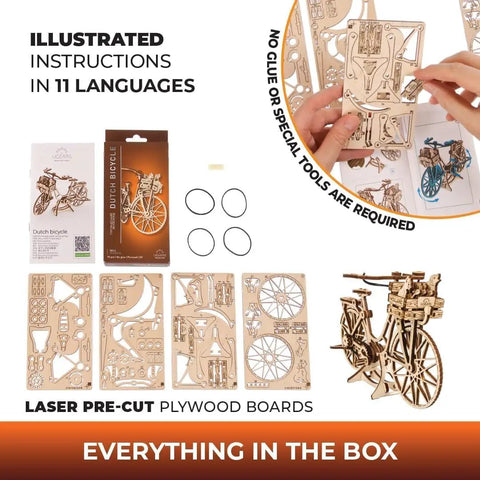 Hands On Dutch Bicycle 3D Puzzle Model With Rear Rack And Front Basket Amsterdam Themed Mechanical Toy For Brain Teaser Fans Includes Tiny Cat Dog And Flower Figures For The Basket. Wooden laser pre-cut board kit with illustrated instructions