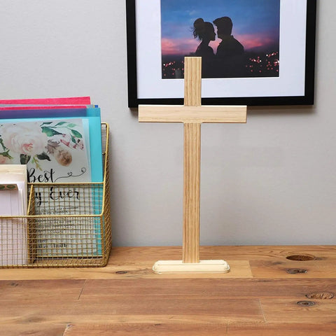 Killer Natural Unfinished Wood Crosses For Arts And Crafts Projects And 2 Pack Measuring 7.9 X 15.5 Inches on a rustic tabletop.