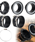 Front view collage of magnetic dust-collection fittings kit with 4-inch and 2.5-inch quick-connect rings and clamps.