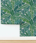 Top Shelf Tropical Leaf Wallpaper Exotic Plant Design Type II with matte linen texture, applied on wall for kitchen use.