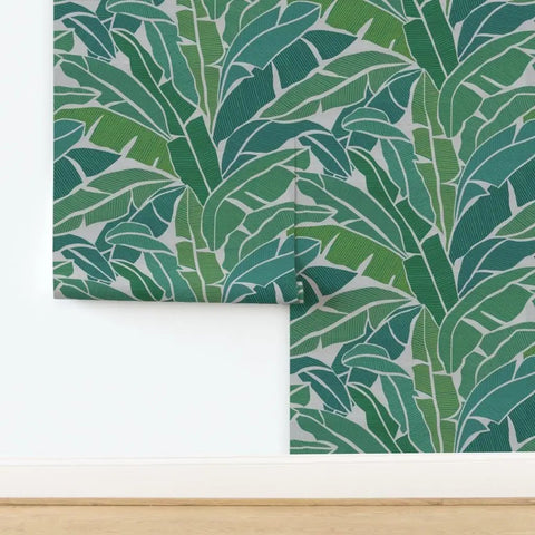 Top Shelf Tropical Leaf Wallpaper Exotic Plant Design Type II with matte linen texture, applied on wall for kitchen use.