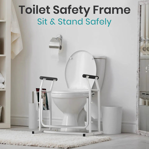 Heavy Duty Toilet Safety Rail With Arms Providing Top Shelf Bathroom Support, white frame next to toilet in modern bathroom.