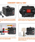 2000W Voltage Transformer 120V To 100V And 100V To 120V Step Up Down Power Converter For Japanese High Power Gear In The US With Dual 120V And 100V Sockets showing output instructions and plug connections.