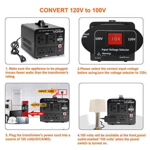 2000W Voltage Transformer 120V To 100V And 100V To 120V Step Up Down Power Converter For Japanese High Power Gear In The US With Dual 120V And 100V Sockets showing output instructions and plug connections.